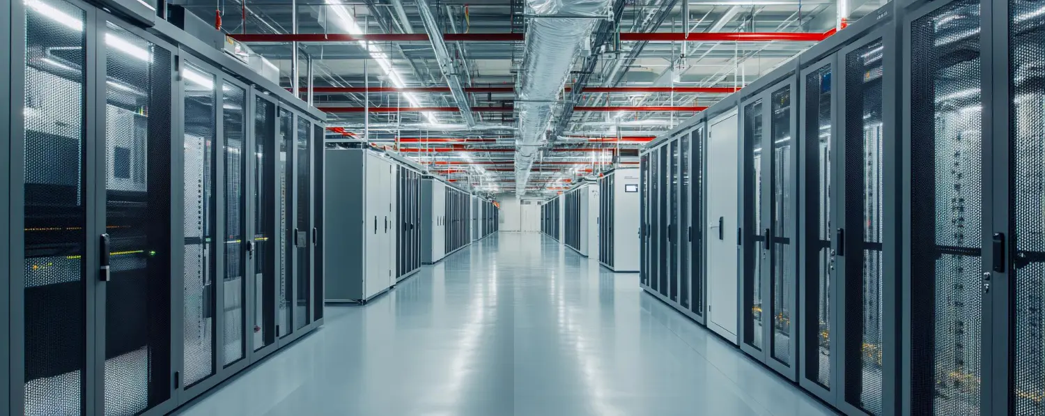 Interior of a modern, well lit data center