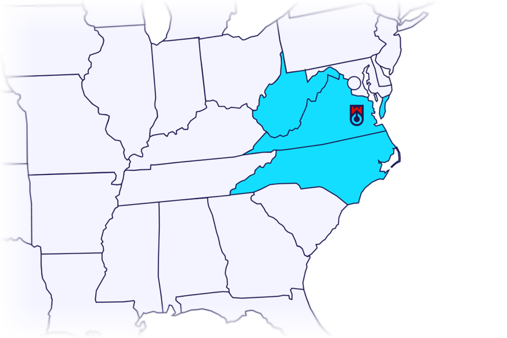 Illustrative map of WOCO Oil service area, with West Virginia, Virginia, and North Carolina colored with a deeper blue. The WOCO oil logo is overlayed on the Richmond, VA area.