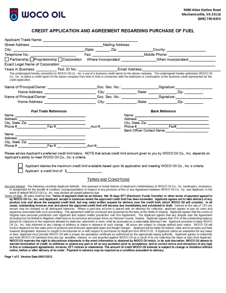 WOCO Customer Application Form Preview